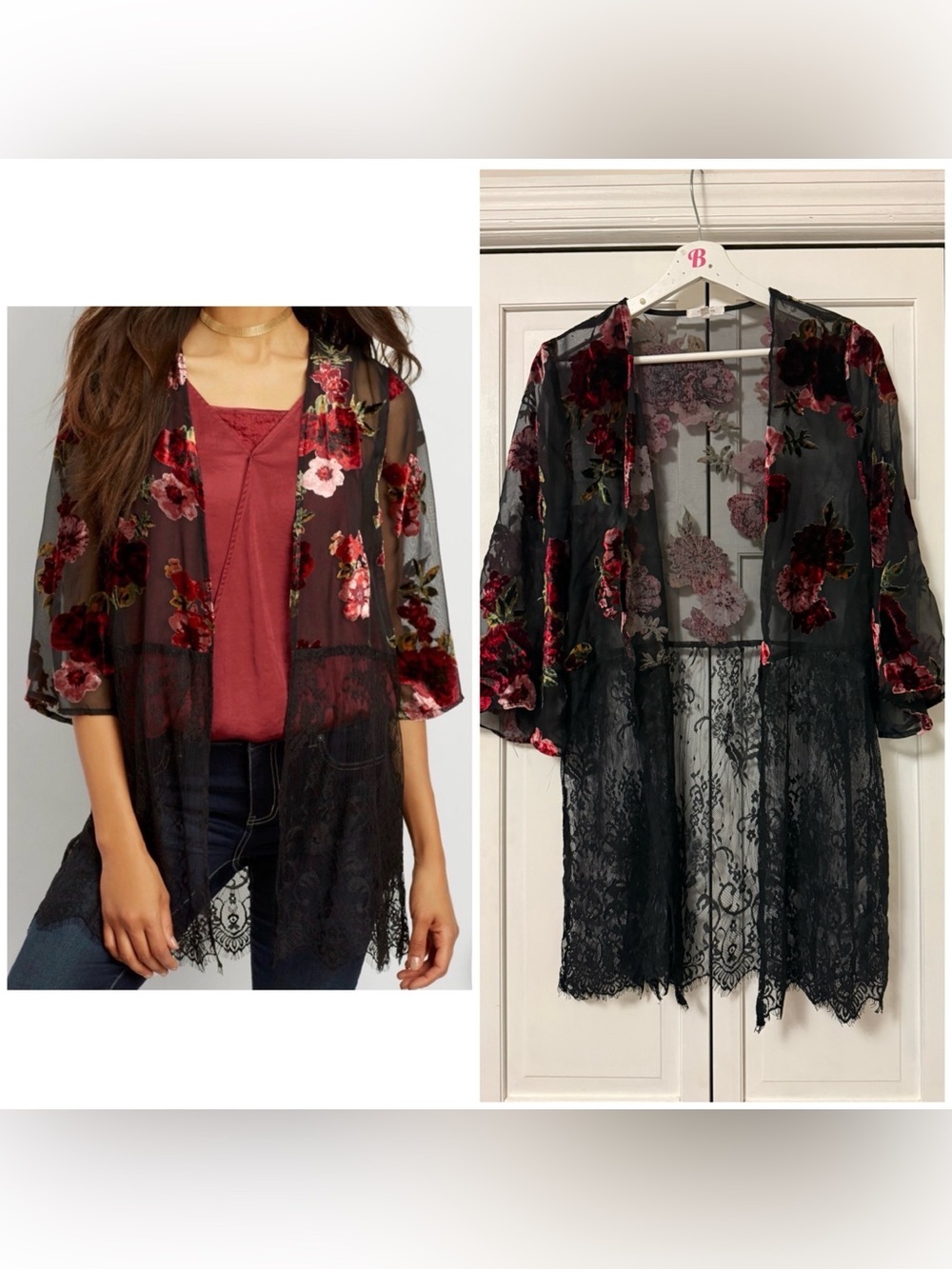 Black Sheer Floral Burnout Lace Kimono Red & Pink Floral Whimsigoth Fairy Grunge